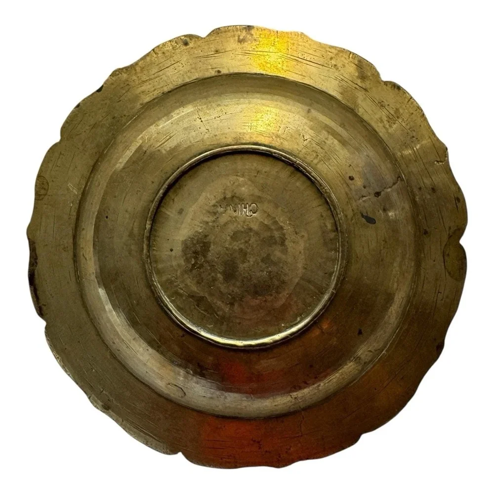 Chinese Brass Trinket Dish Ash Tray Stamped Design Scalloped‎